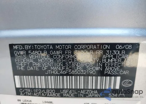 2008 Lexus Ls 460 L из США, поврежденный, VIN JTHGL46F585032190